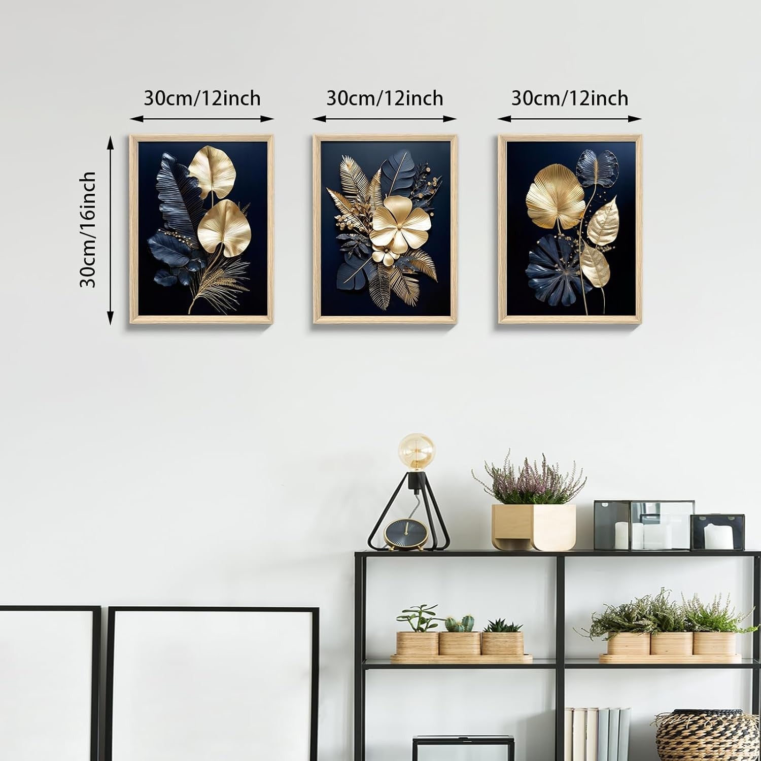 FajerminArt 3-Piece Canvas Wall Art 30x40cm Navy Gold Flowers