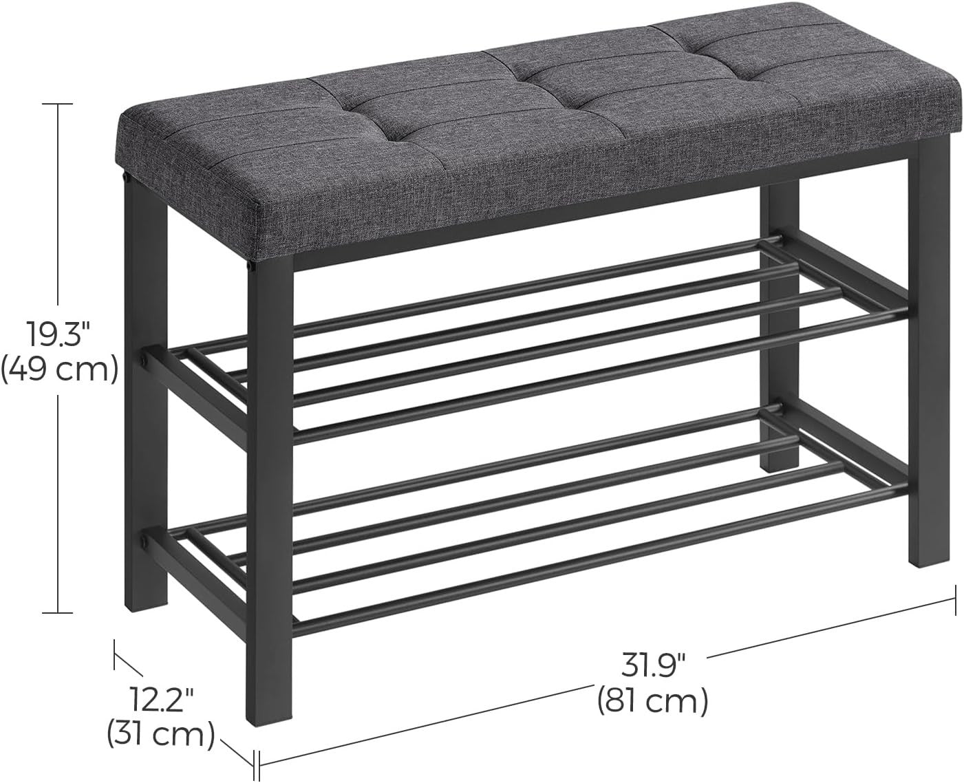 3 Tier Shoe Rack Bench 81cm Padded Seat Metal Frame Grey Black Entryway Storage