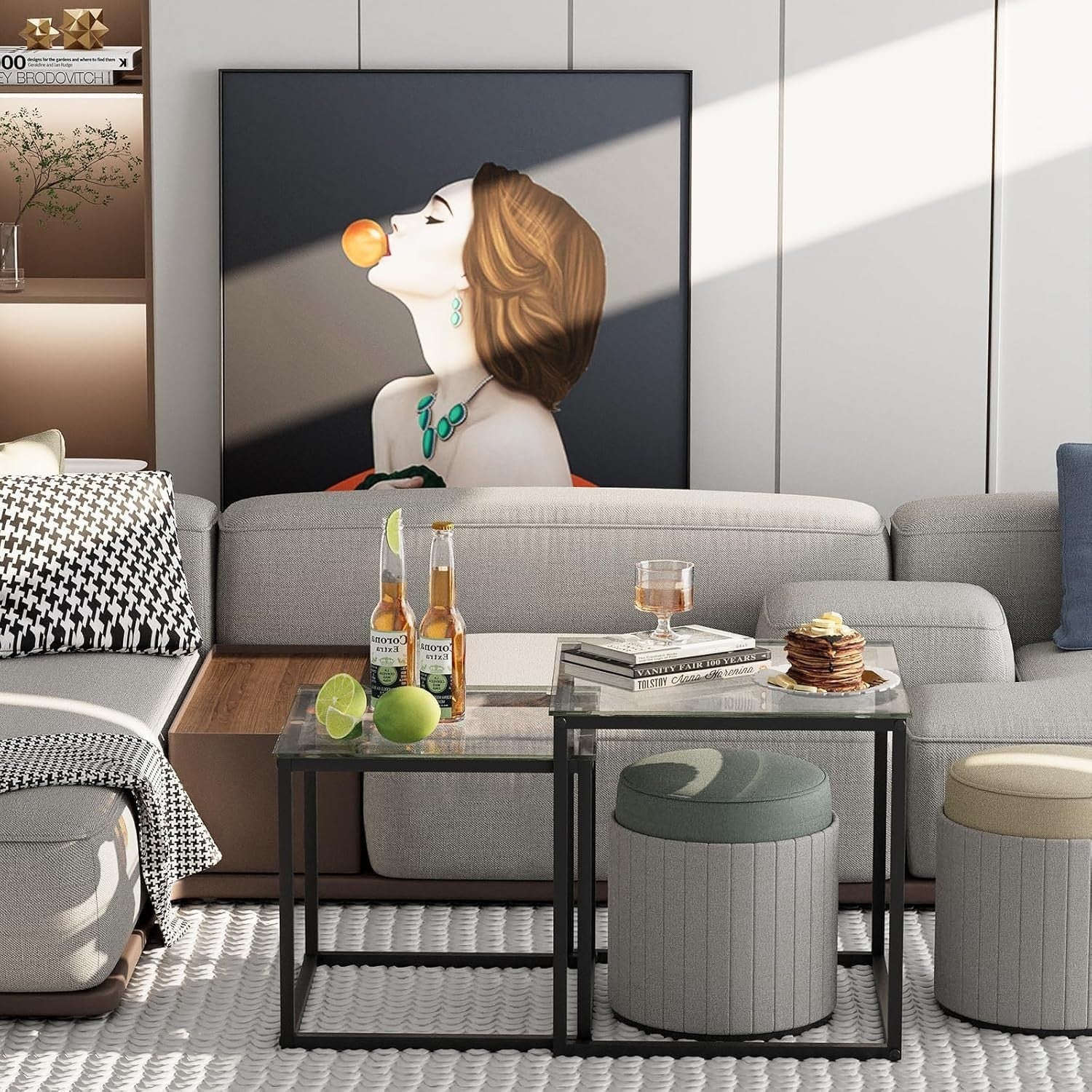Modern Nesting Coffee Table Set Black Glass End Tables Metal Frame Square