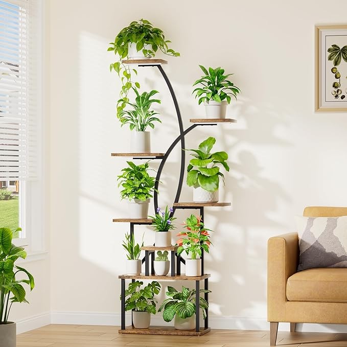 8 Tier Tall Metal Plant Stand with Grow Lights, Indoor Corner Shelf for Living