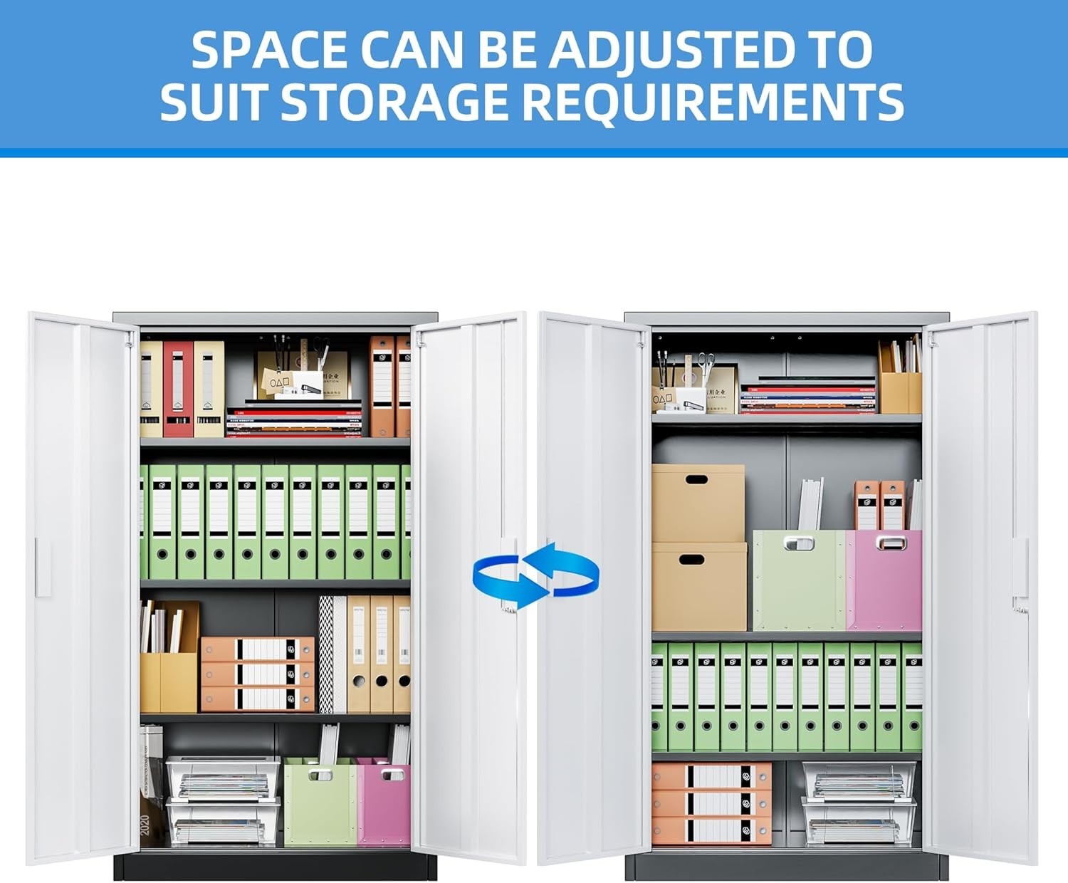 Lockable Steel Storage Cabinet 2 Doors 3 Adjustable Shelves 140x80x40cm