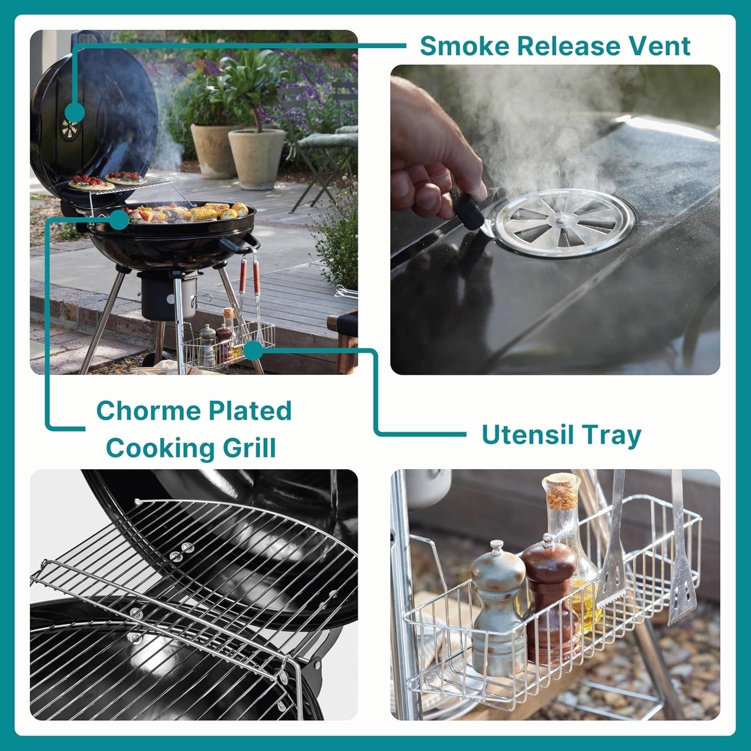 Portable Charcoal Kettle BBQ Grill with Wheels 57cm Smoker