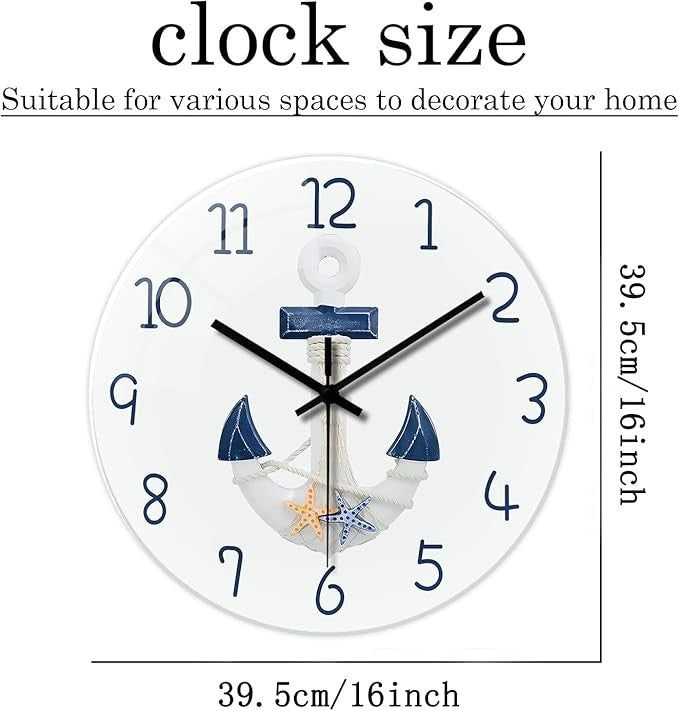 Large 16" Nautical Wall Clock Silent Anchor Design Coastal Home Decor