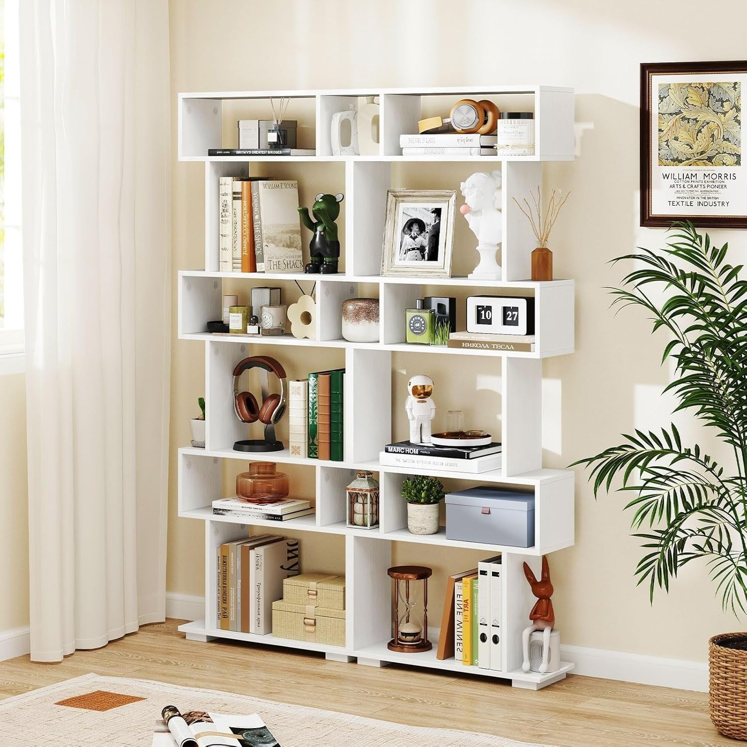 6-Tier S-Shaped Bookshelf Ladder Shelf with Anti-Tip Kits, White, Tall Storage
