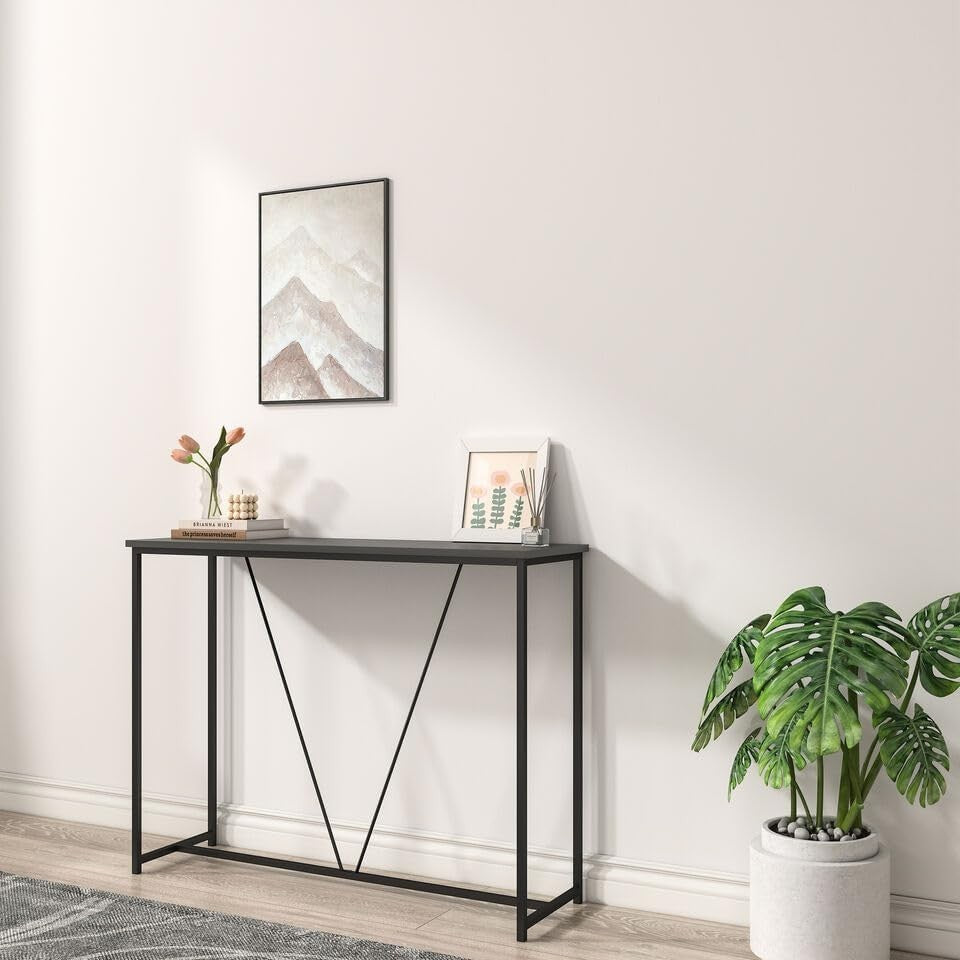Slim Modern Console Table with Metal Frame & Display Shelf, 100cm