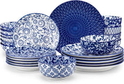 24pc Porcelain Dinnerware Set Blue White Plates Bowls Dishwasher Safe