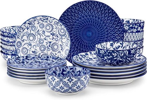 24pc Porcelain Dinnerware Set Blue White Plates Bowls Dishwasher Safe