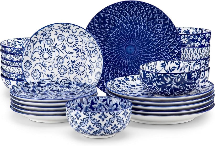 24pc Porcelain Dinnerware Set Blue White Plates Bowls Dishwasher Safe