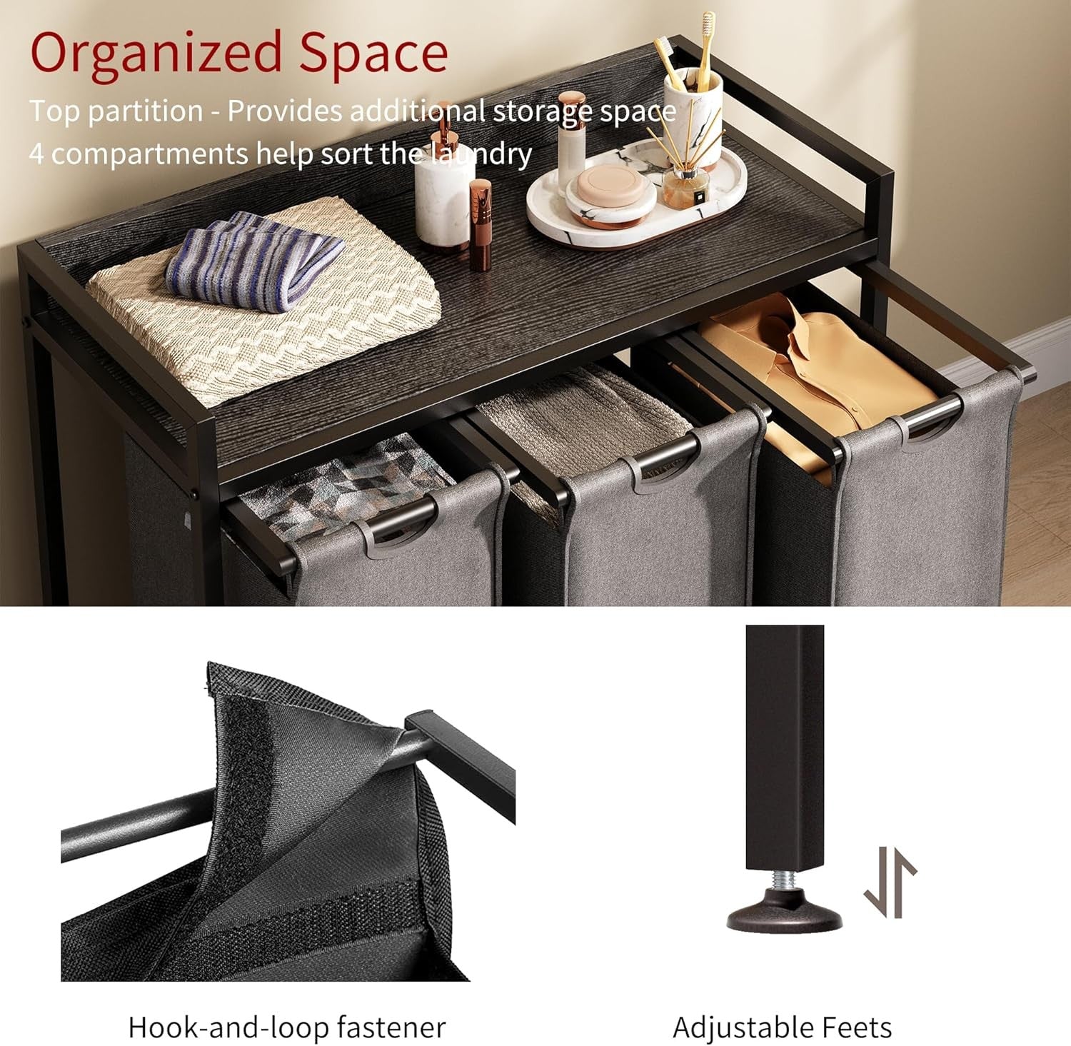 3 Section Laundry Basket with Shelf Removable Bags Wheels Black Grey 180L