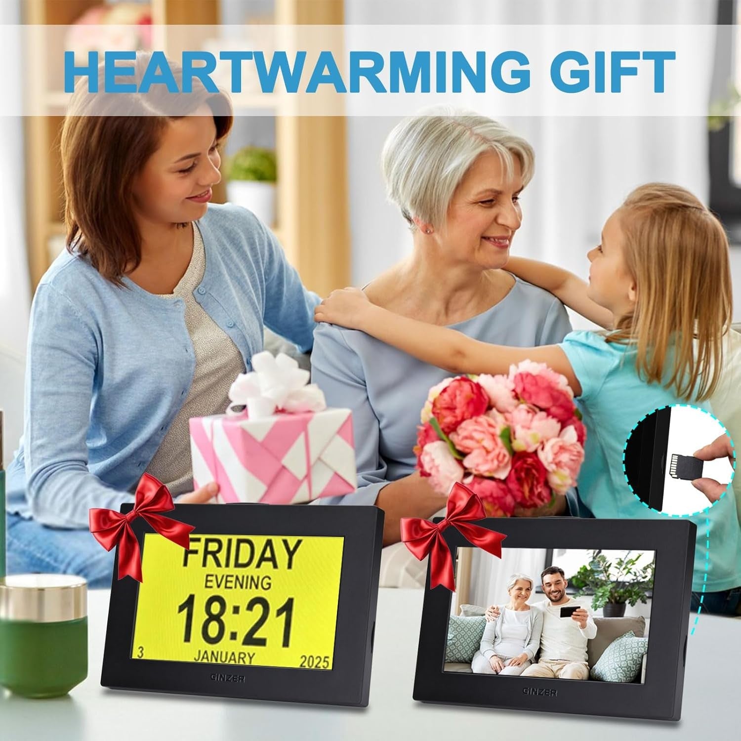 Large Dementia Alarm Clock 8” Touch Screen Talking Day Date Display