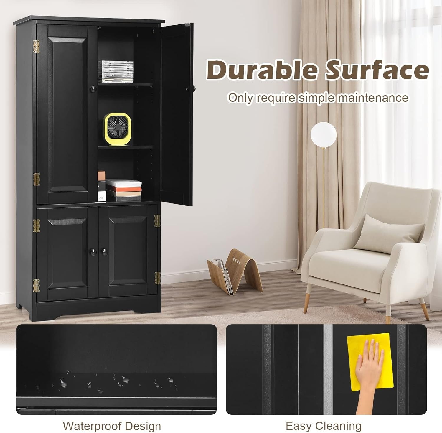 Black Wood Storage Cabinet 4 Door Cupboard | Adjustable Shelves Freestanding Uni
