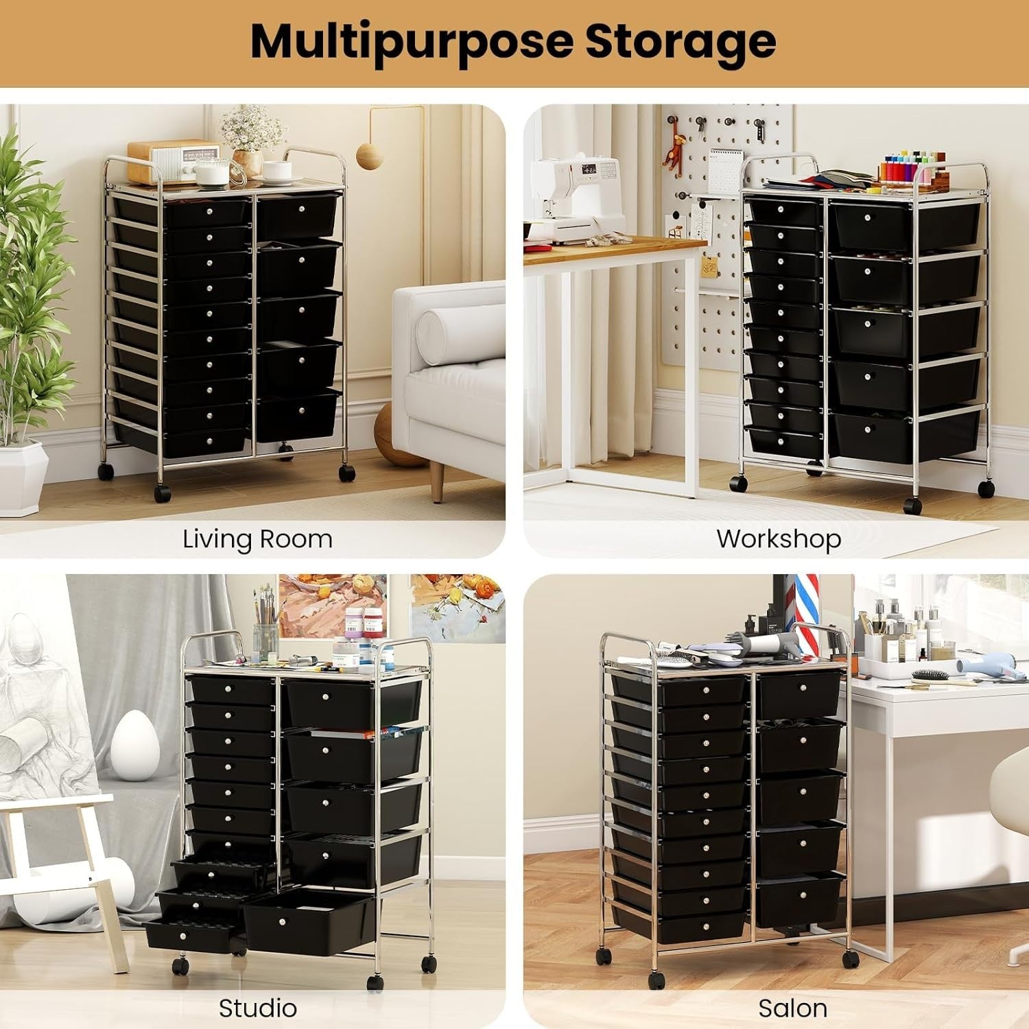 15 Drawer Rolling Storage Cart Mobile Utility Trolley Office Salon Organizer