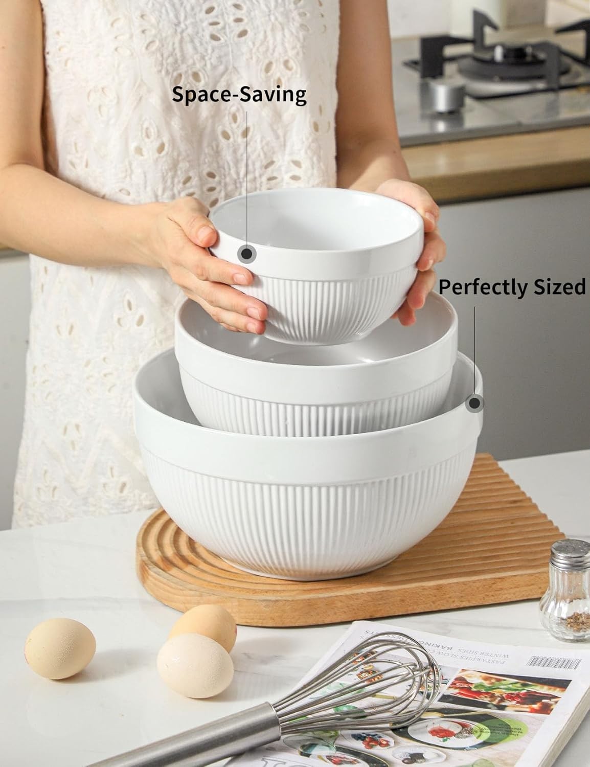 3 Pcs White Ceramic Mixing Bowls Nesting Microwave Oven Safe Set
