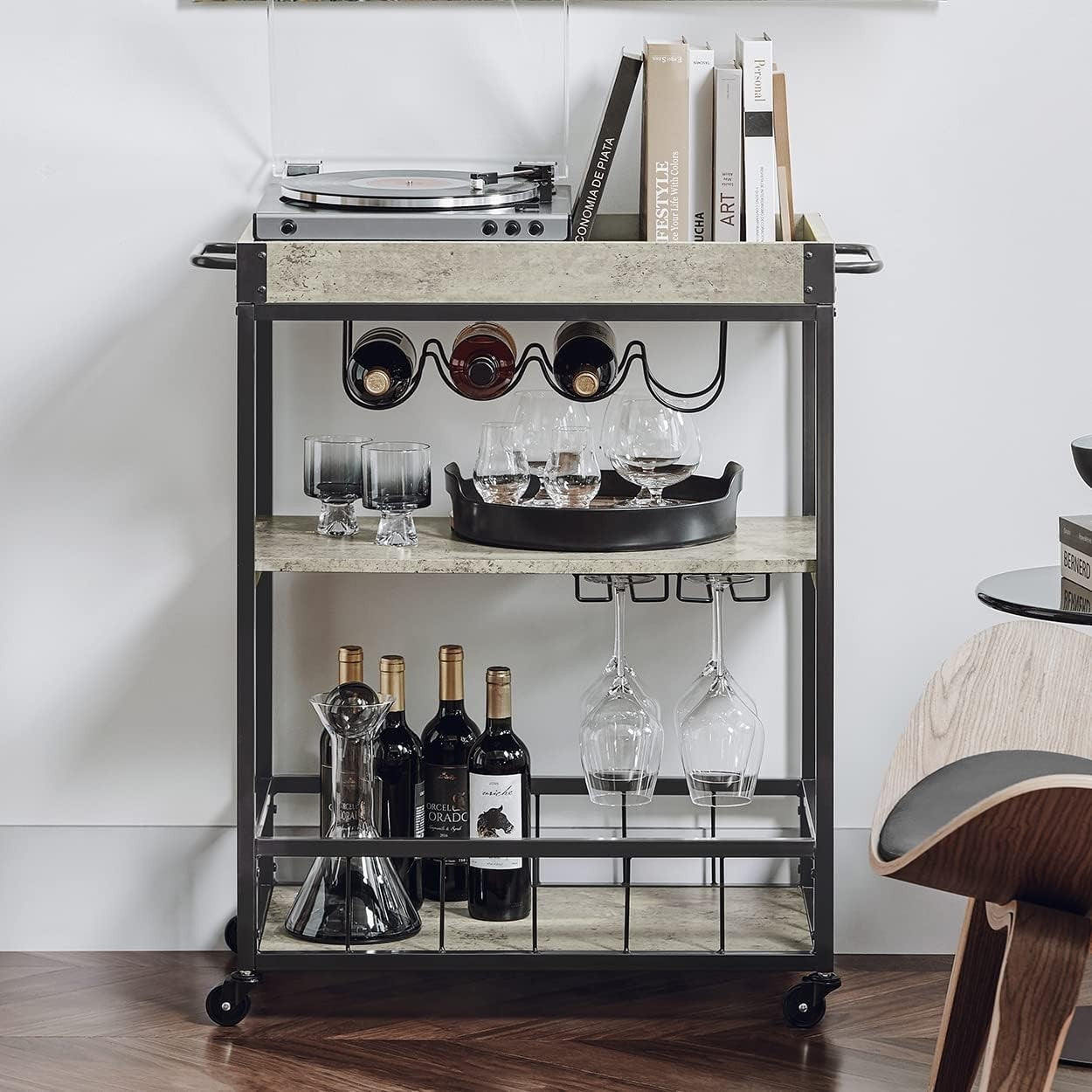3 Tier Serving Trolley Wine Rack Glass Holder Rolling Cart