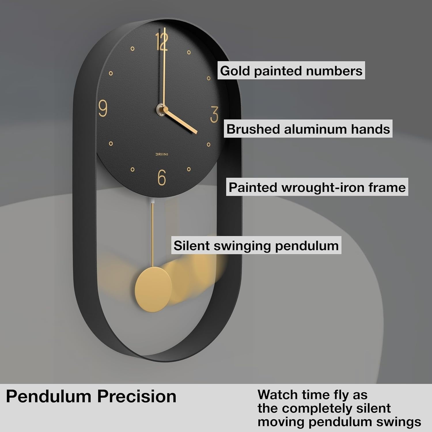 Modern Silent Wall Clock 8" Face Gold Pendulum Black Frame Decor