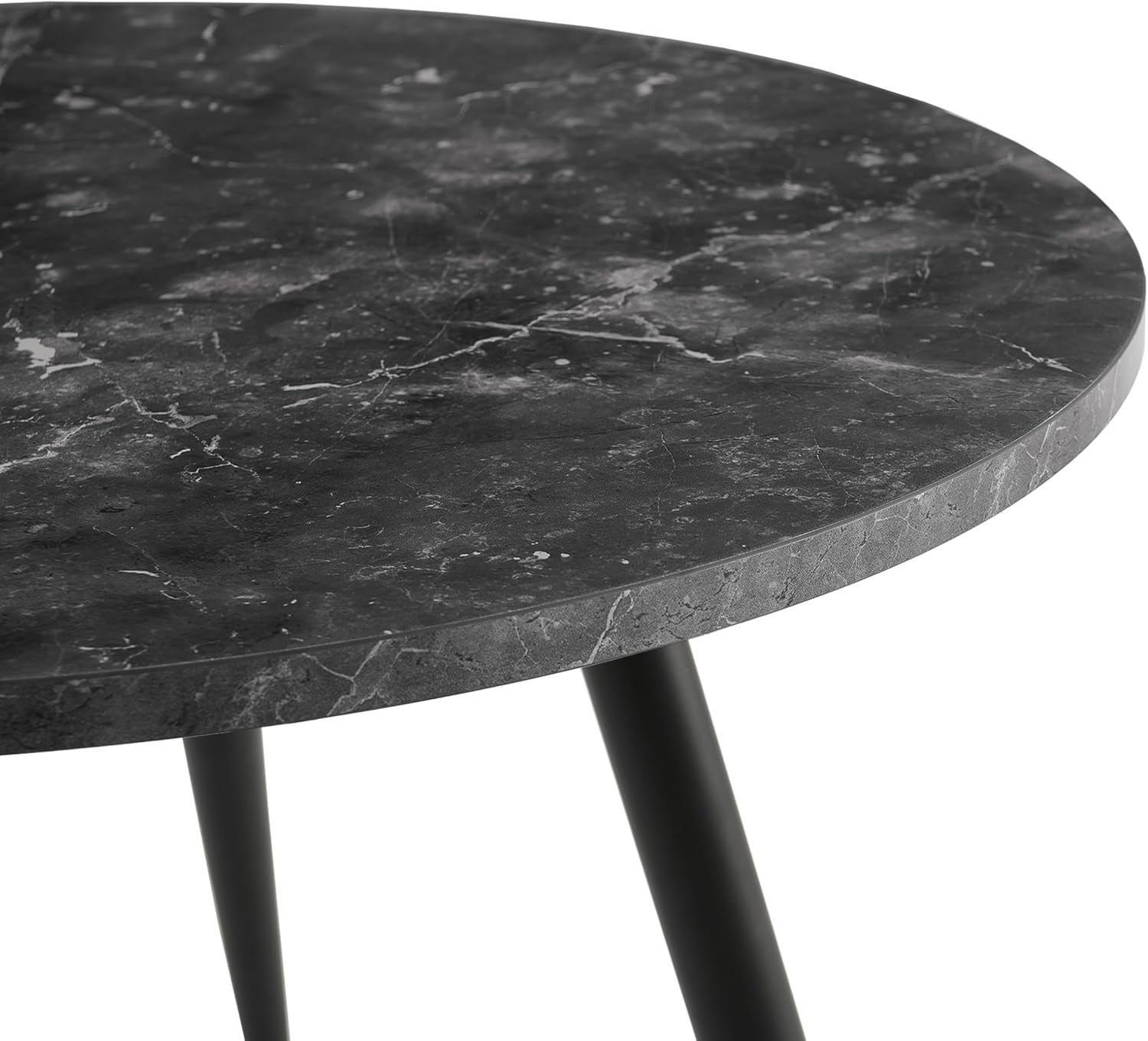 Round Black Marble Dining Table Set with 2 Faux Suede Chairs Kitchen Room