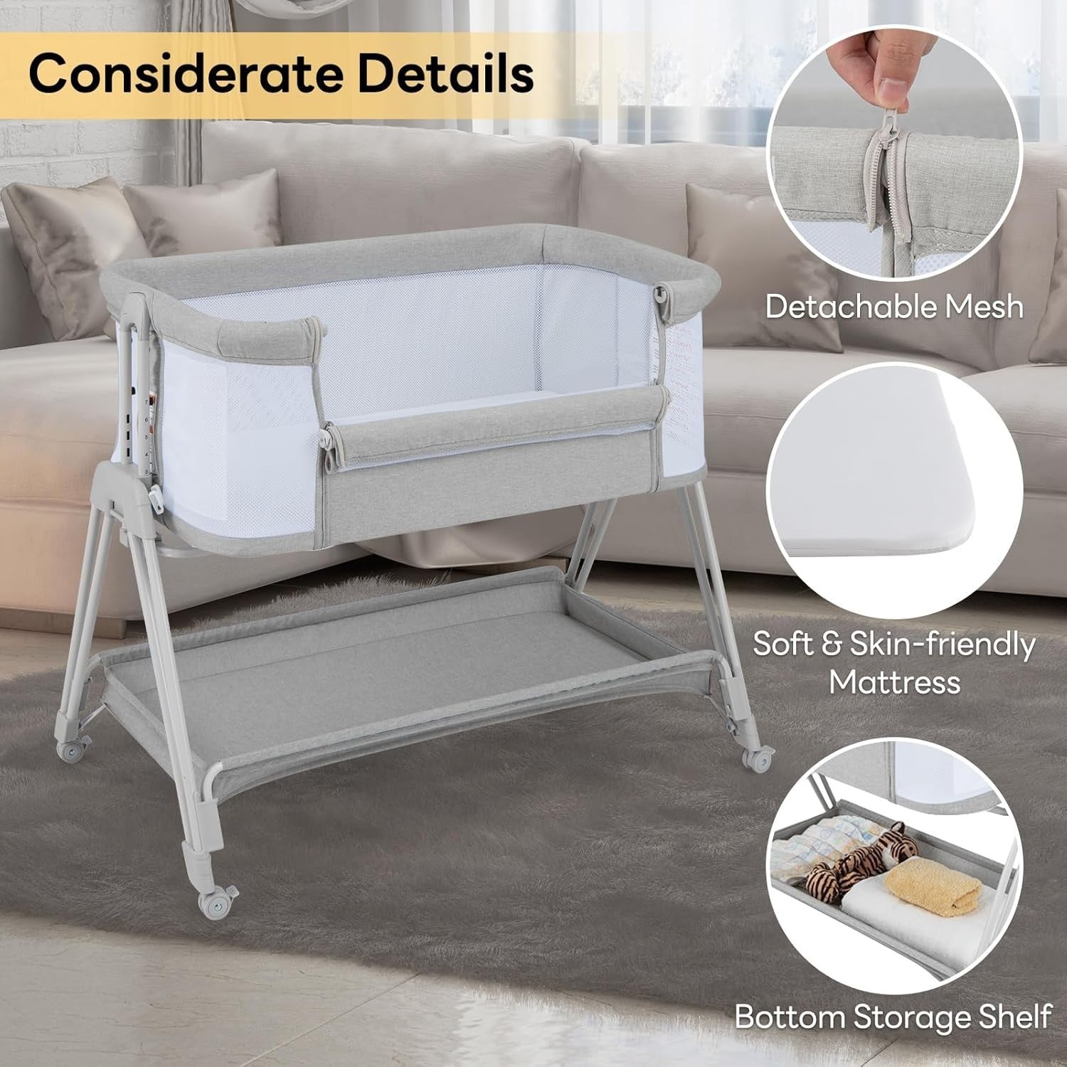 Baby Bedside Crib Adjustable Bassinet with Mattress Newborn Sleeper Grey