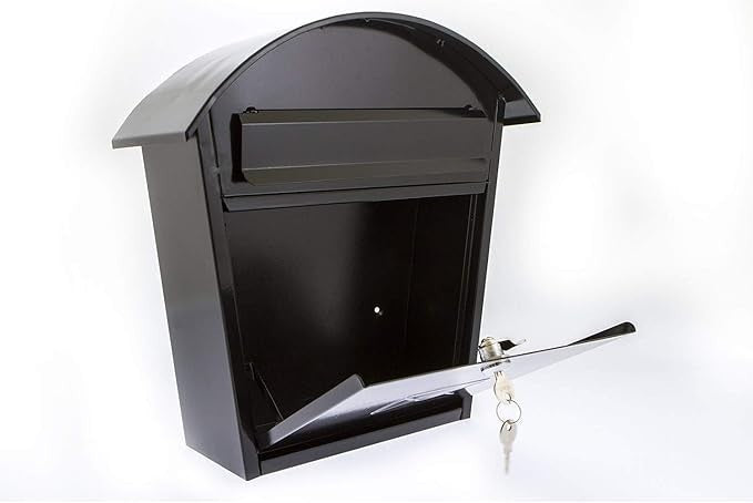 Lockable Wall Mounted Mailbox Black Steel Weatherproof Secure Box 36x37x13cm
