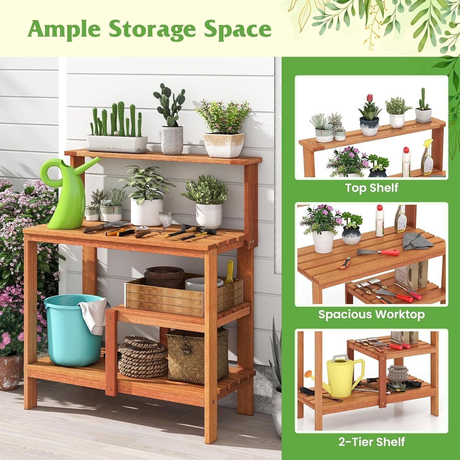 Wooden Garden Potting Table Bench w/ Shelves Teak Oil Finish Outdoor 91x46