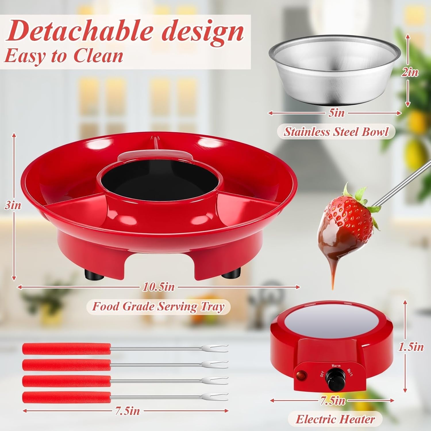 Electric Fondue Pot Set Chocolate Melting Kit Forks Tray Red