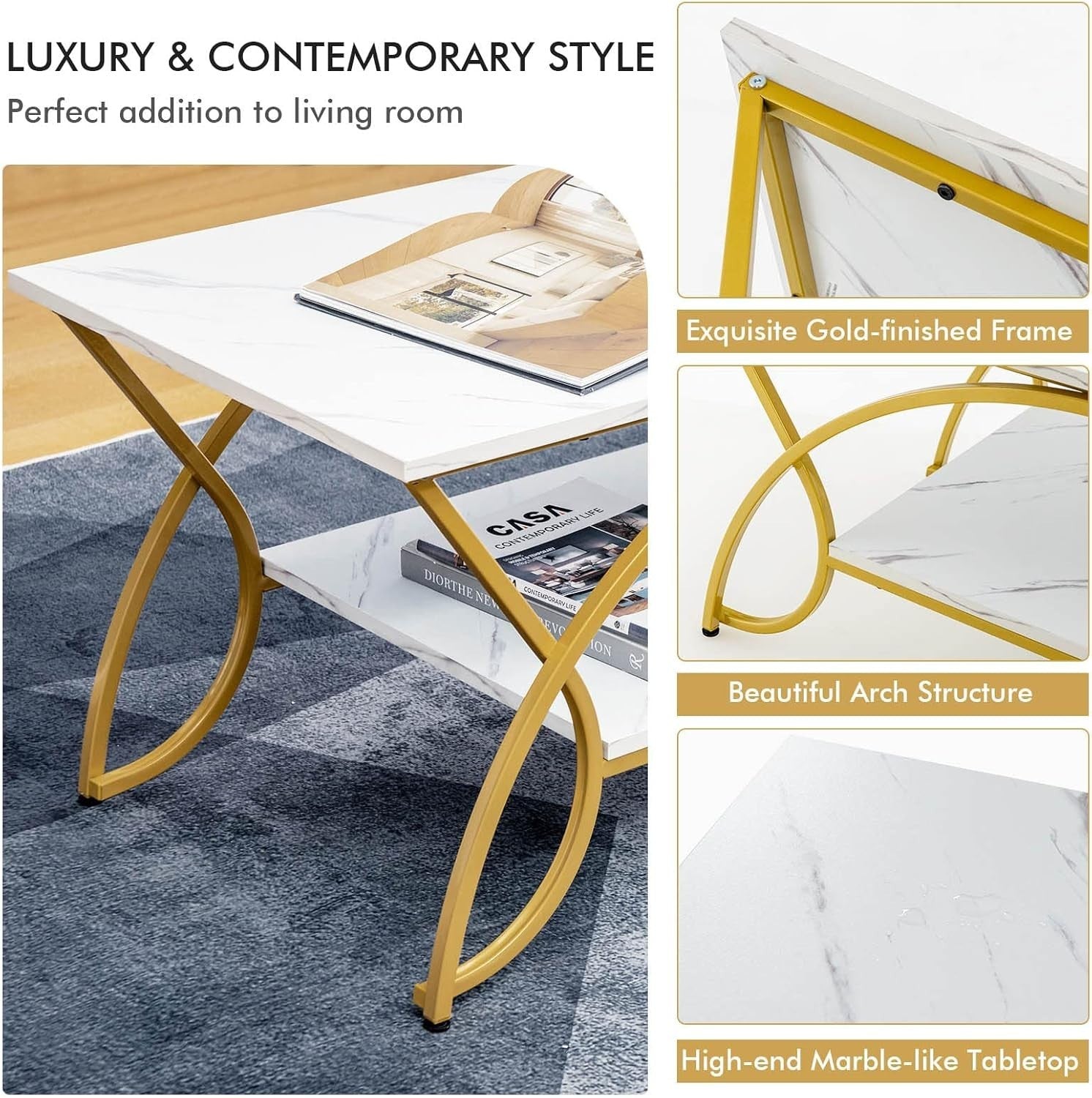 2-Tier Marble Coffee Table with Golden Frame – Rectangular Storage Shelf, 100x50