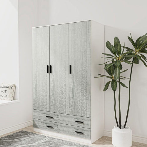 Ash Grey & White Wardrobe 3 Door 4 Drawer Modern Bedroom Storage Cupboard