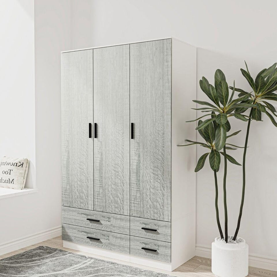 Ash Grey & White Wardrobe 3 Door 4 Drawer Modern Bedroom Storage Cupboard