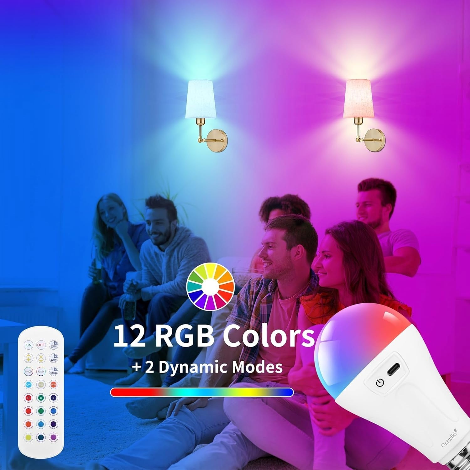 Set of 2 Wall Sconce Lights Rechargeable RGB Remote Battery Operated 270°
