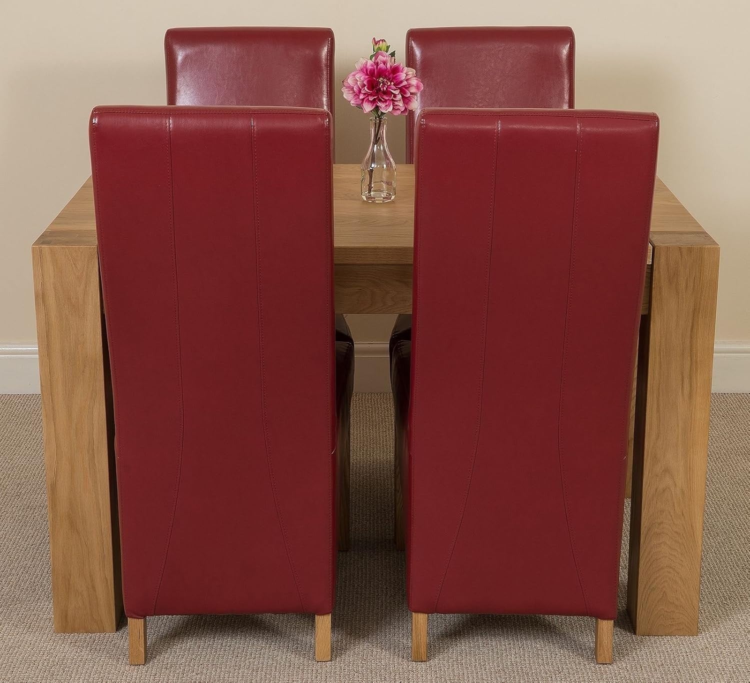 Solid Oak 4-Seater Dining Table Set Burgundy Leather Chairs 125x80cm Compact