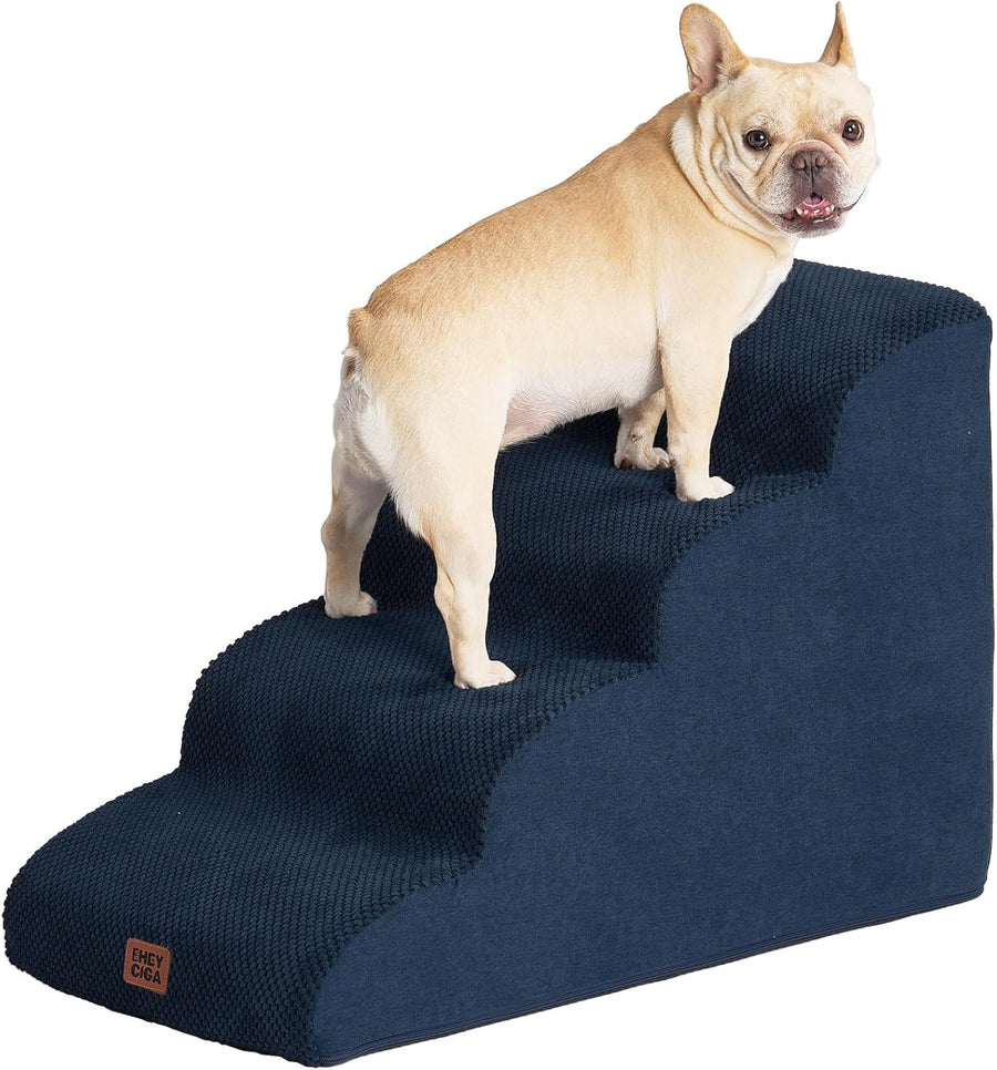 4 Step Dog Stairs for High Bed Non Slip Foam Pet Steps Navy