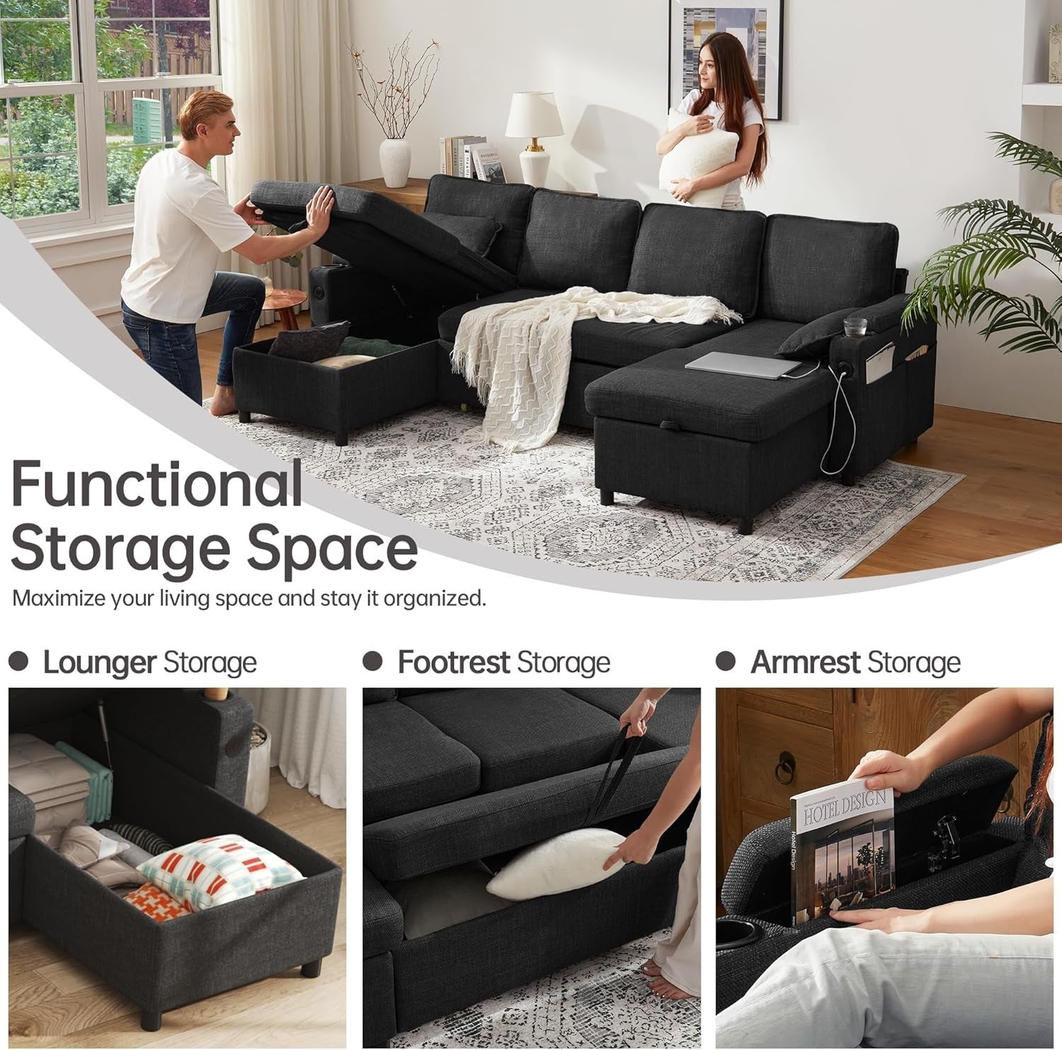 Dark Gray U-Shaped Sofa Bed with Storage, USB Ports, Cup Holders, Sleeper Couch
