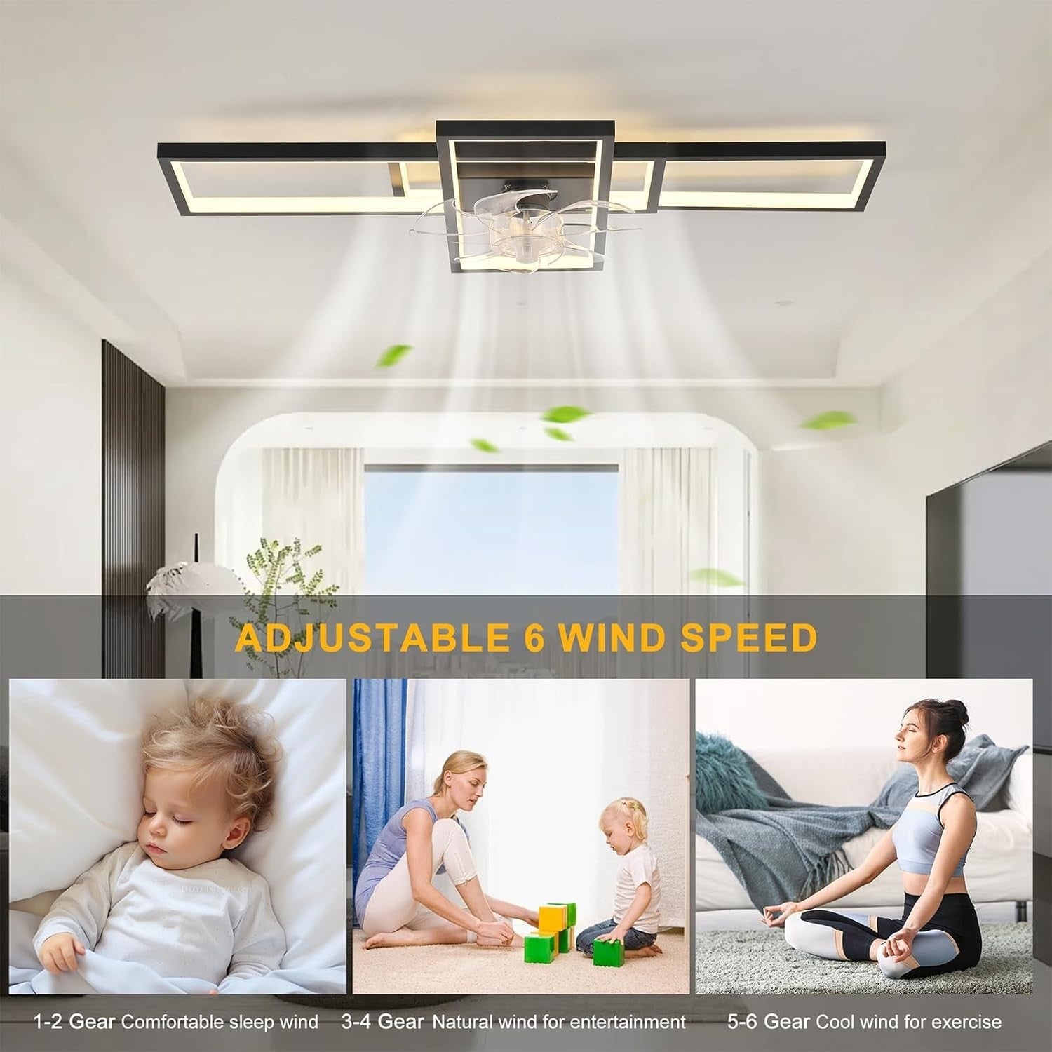 JIINOO 90CM Ceiling Fan with LED Light, 6-Speed, Reversible Motor, Remote