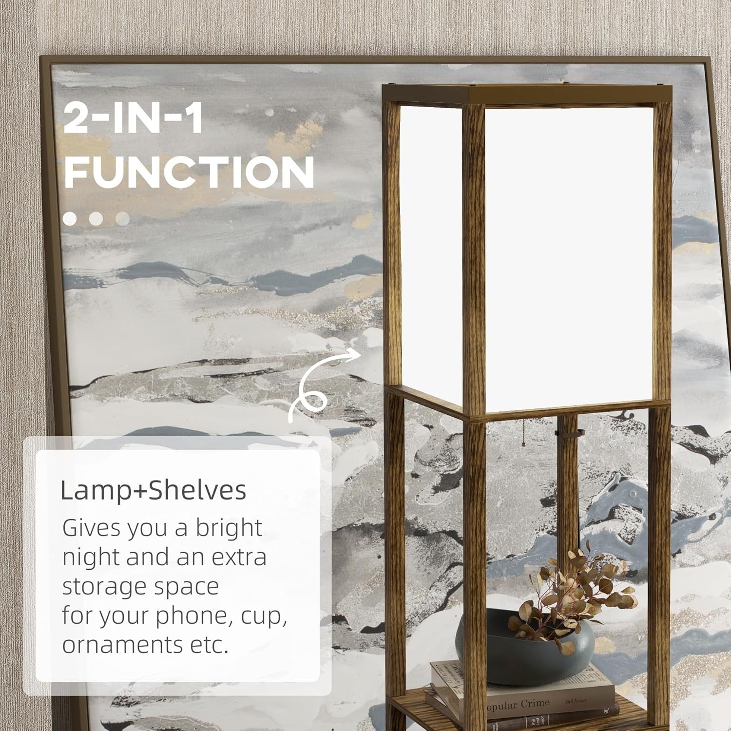 Floor Lamp Shelves Dual Light Modern Corner Standing Lamp Fabric Shade