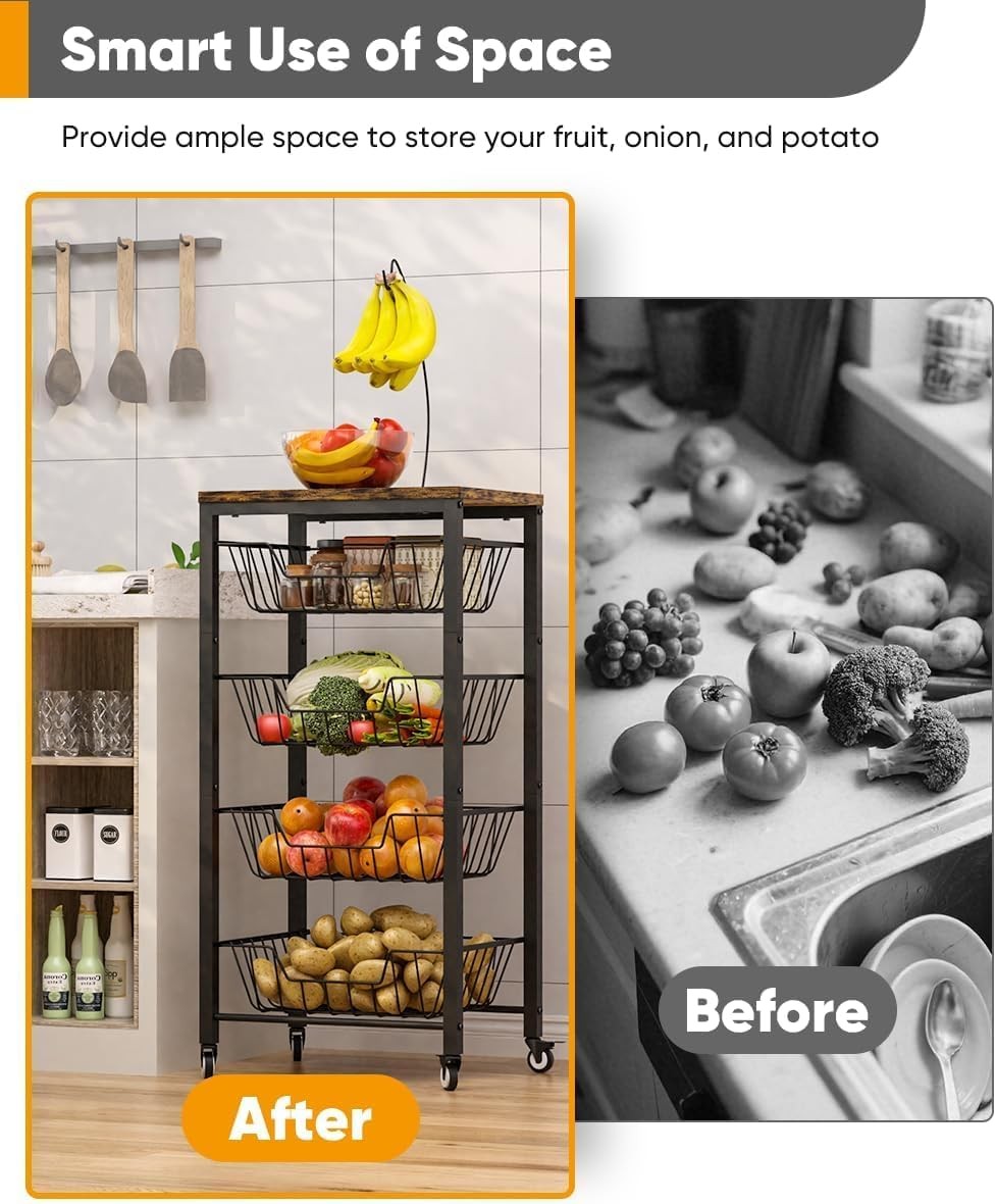 5 Tier Kitchen Storage Cart Pull Out Wire Baskets Fruit Vegetable Trolley