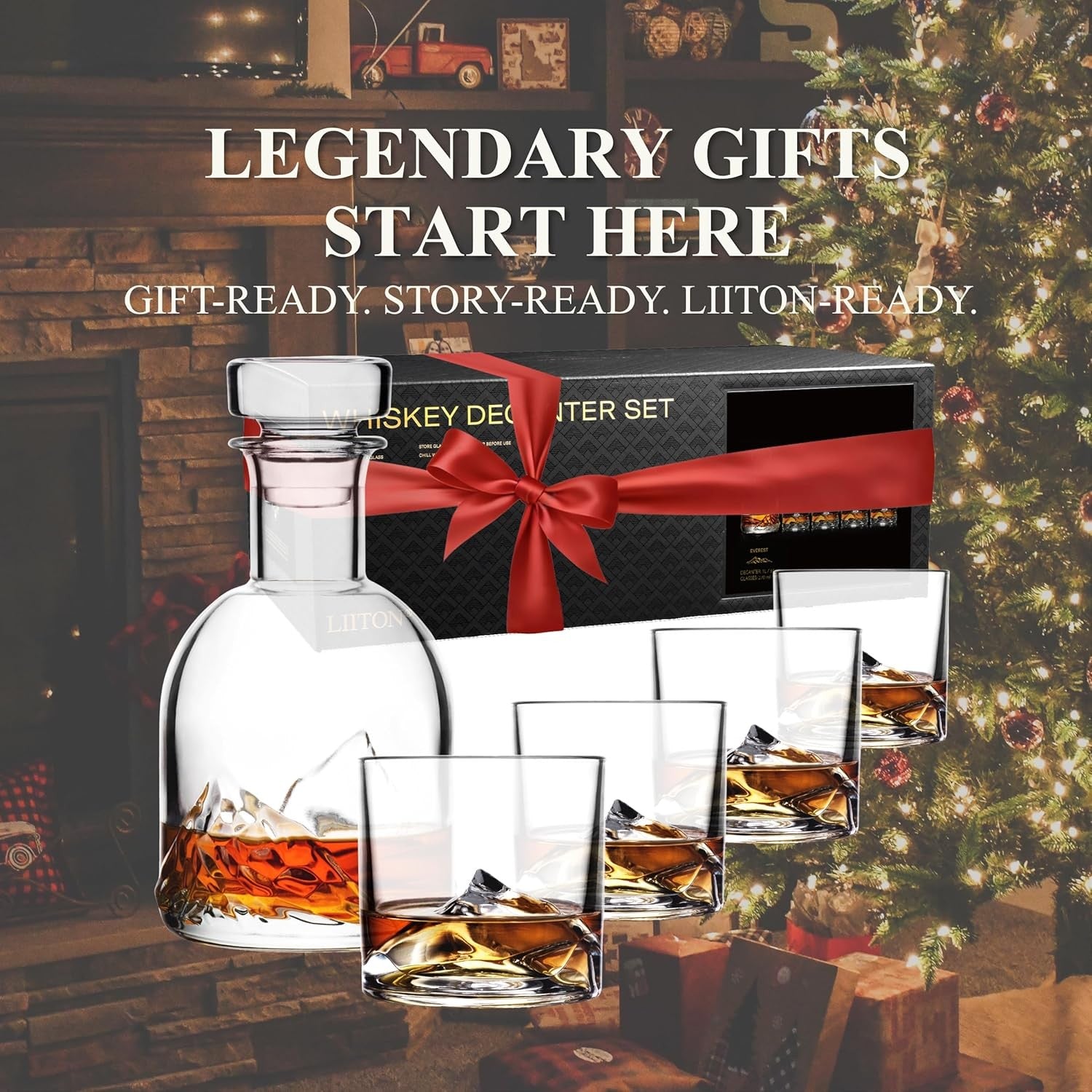 1L Whiskey Decanter Gift Set with 4 Glasses | Premium Crystal Mountain Design