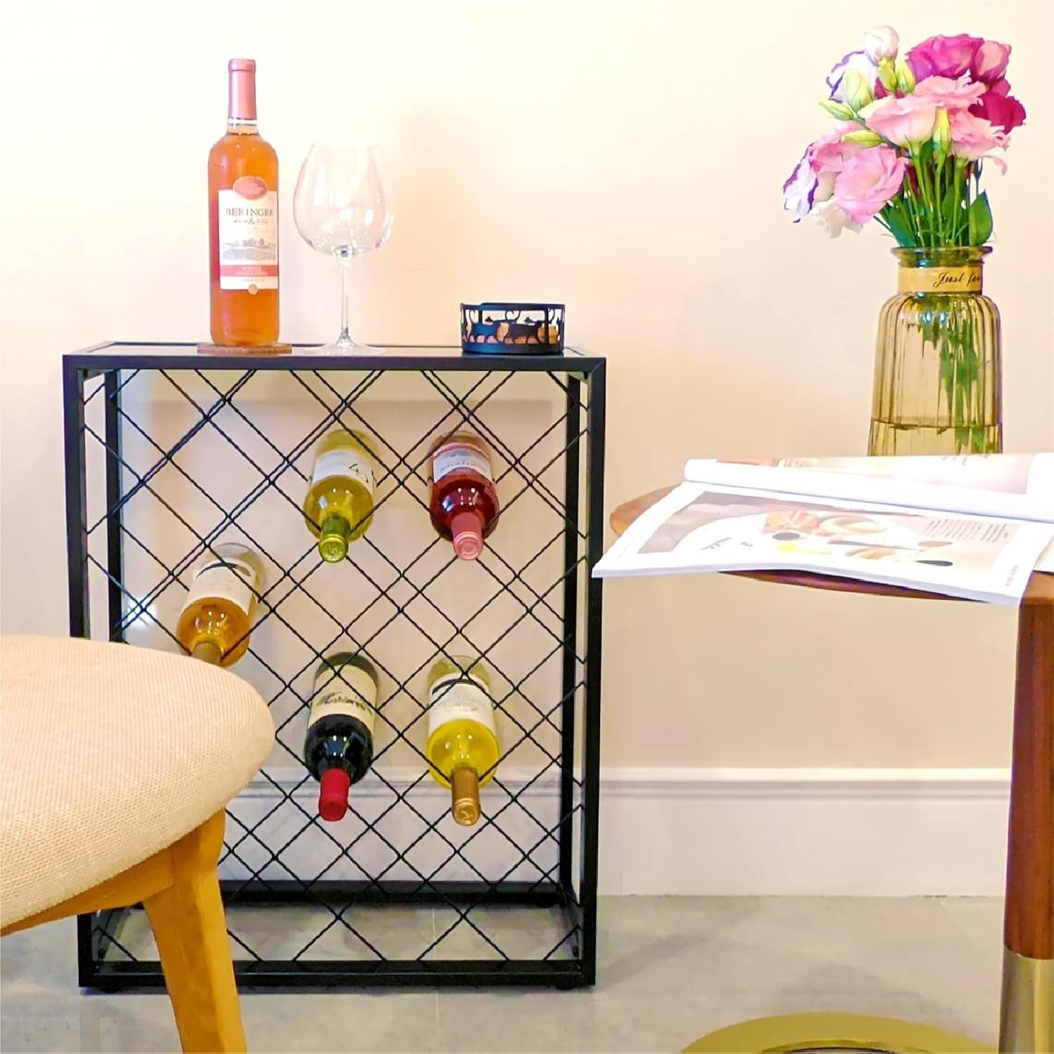 32 Bottle Metal Wine Rack with Glass Top Shelf Free Standing Black Kitchen Bar