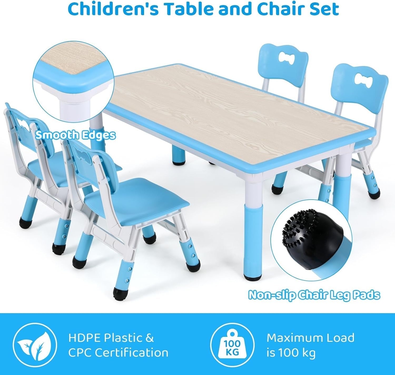 Adjustable Kids Table & 4 Chairs Set Safe Durable Plastic Furniture Blue