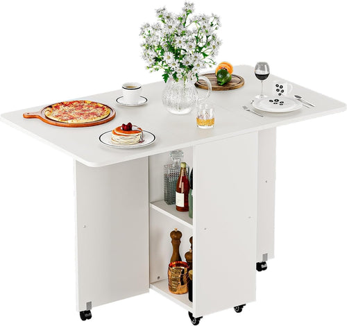 White Folding Drop Leaf Dining Table with Storage Drawer Shelves Space Saving