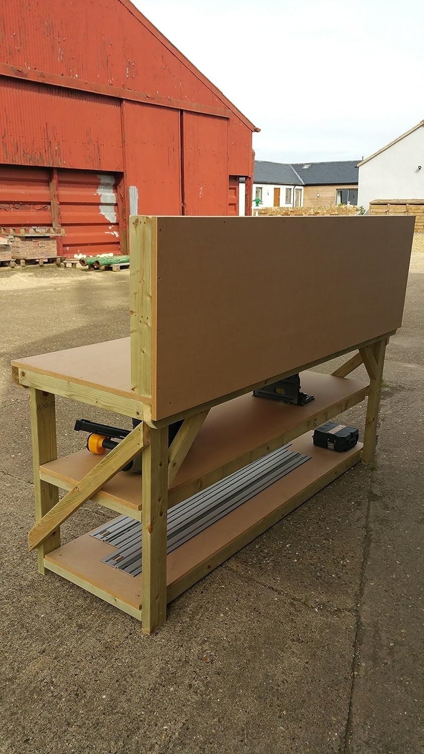 5ft Heavy Duty Wooden Workbench MDF Top Backboard Double Shelf Garage Table
