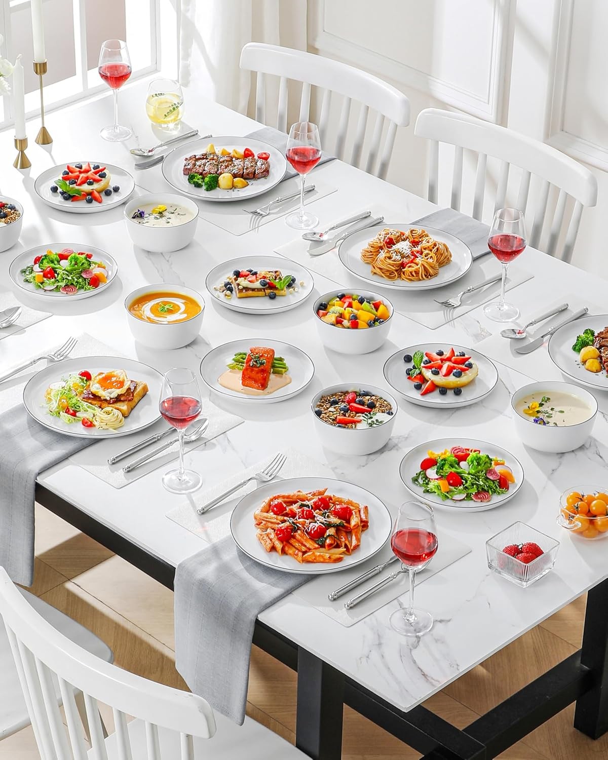 18pc Porcelain Dinnerware Set Plates Bowls Black Rim Microwave Safe