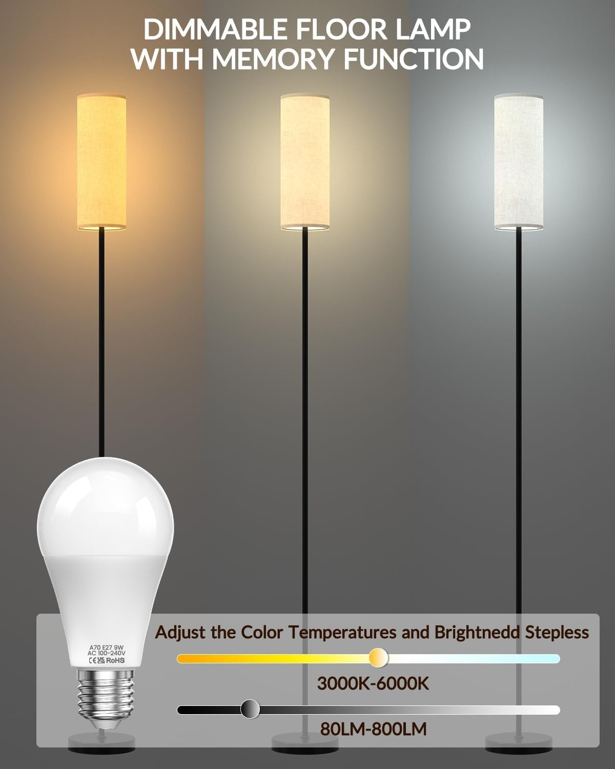 LED Floor Lamp Remote Control Dimmable Standing Light 3000–6000K 64 Inch