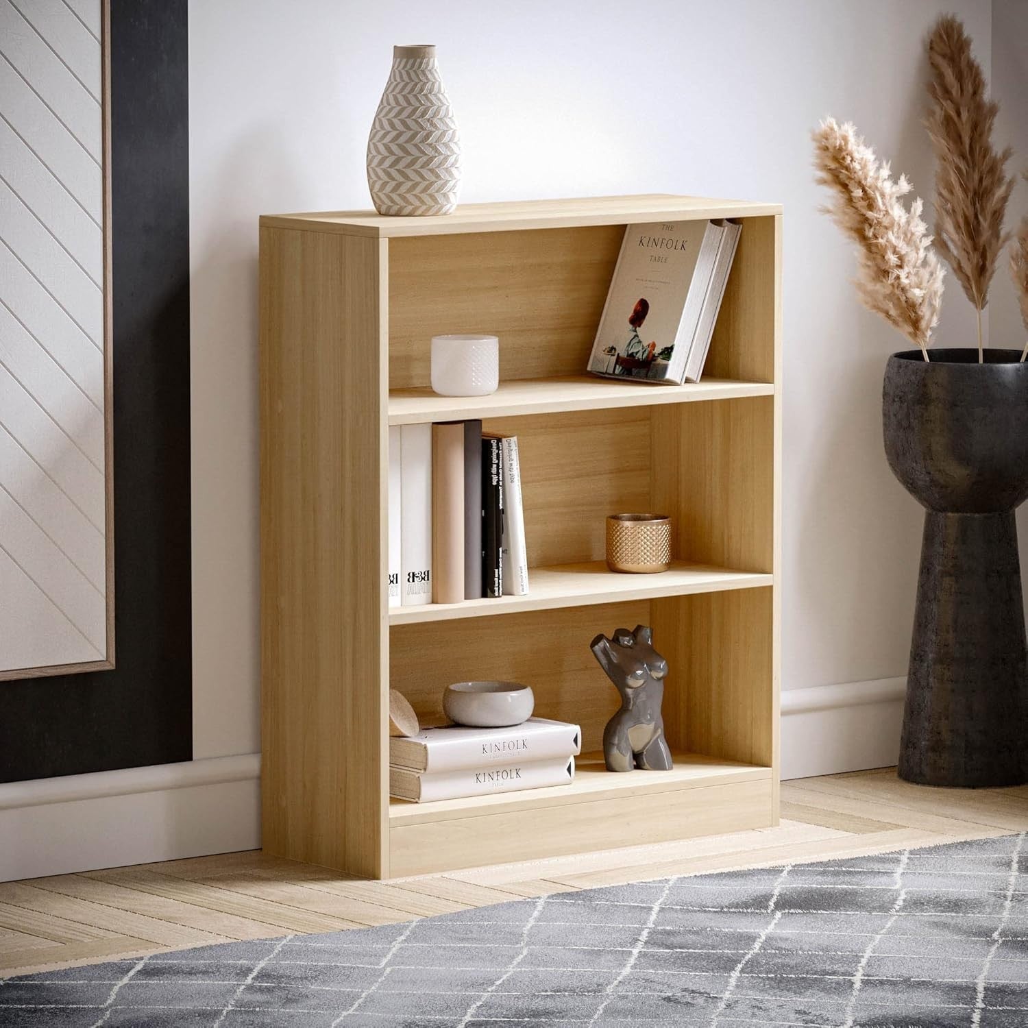 3 Tier Oak Wooden Bookcase Modern Storage Display Shelf for Living Room Low