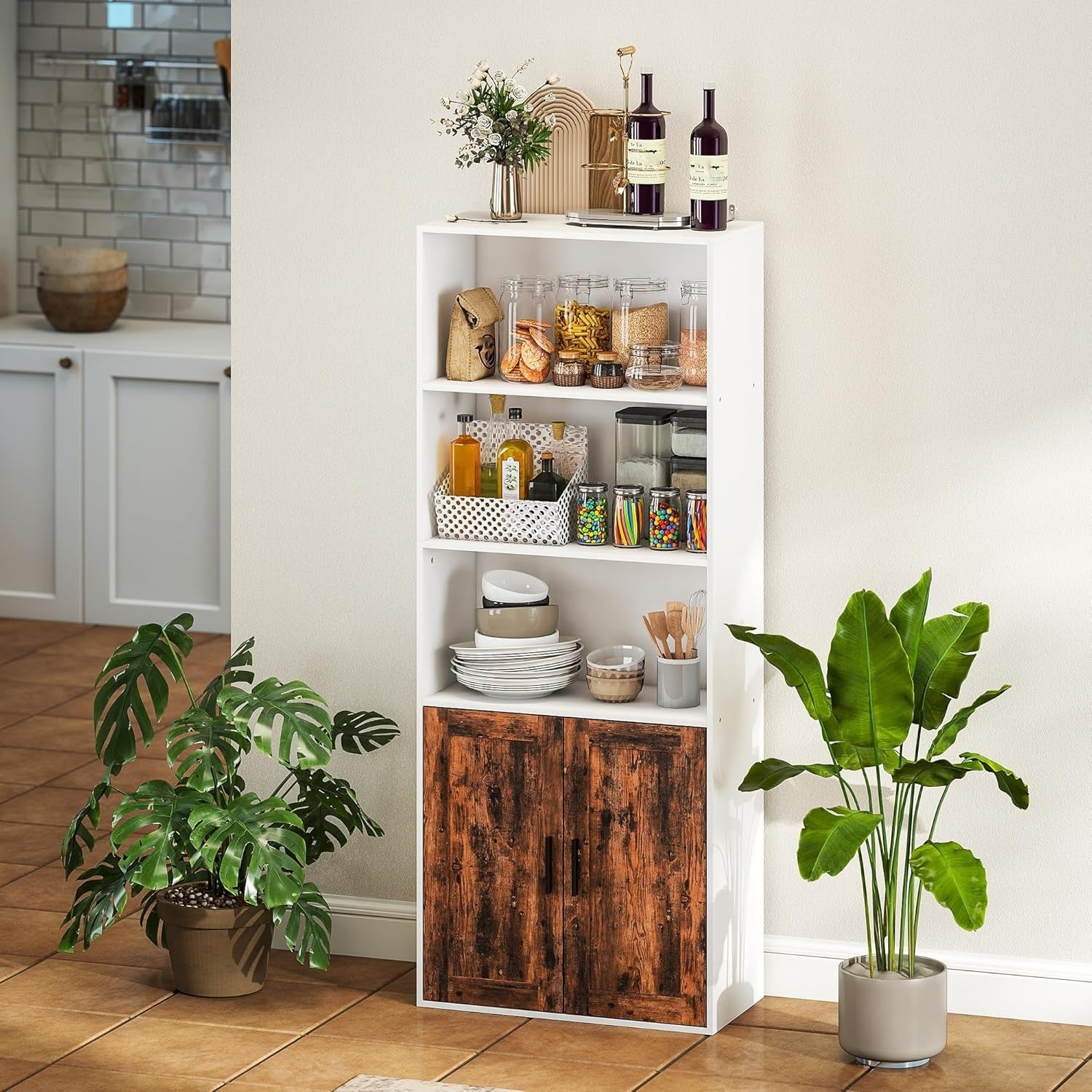 Tall 5-Tier Bookcase with Doors, Adjustable Shelf, Rustic Storage Unit for Home