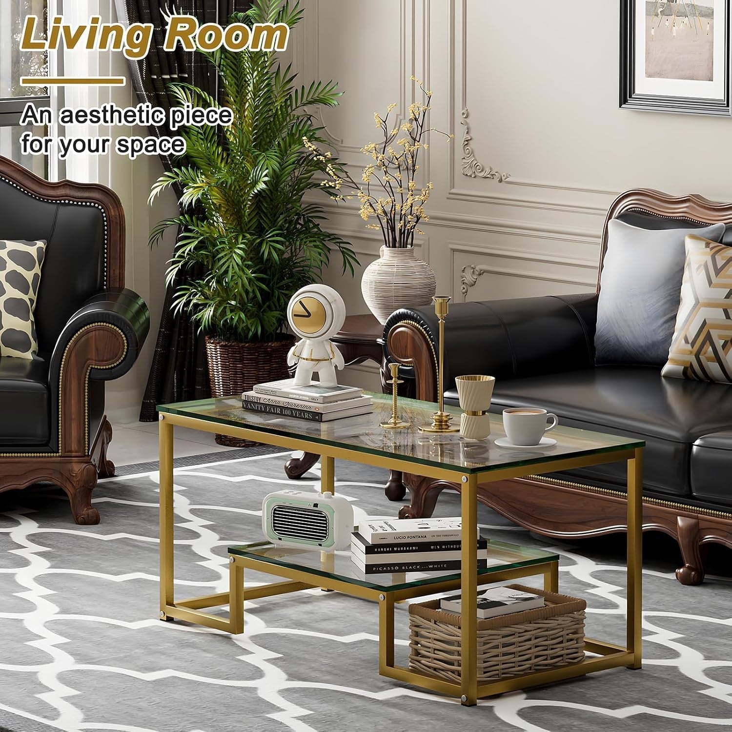Gold Glass Coffee Table 2 Tier – Modern Metal Frame Living Room Storage