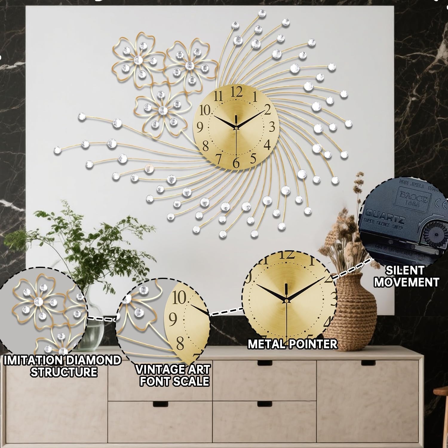 83×63cm Large Gold Wall Clock – Silent Modern Art Metal Oversized Design