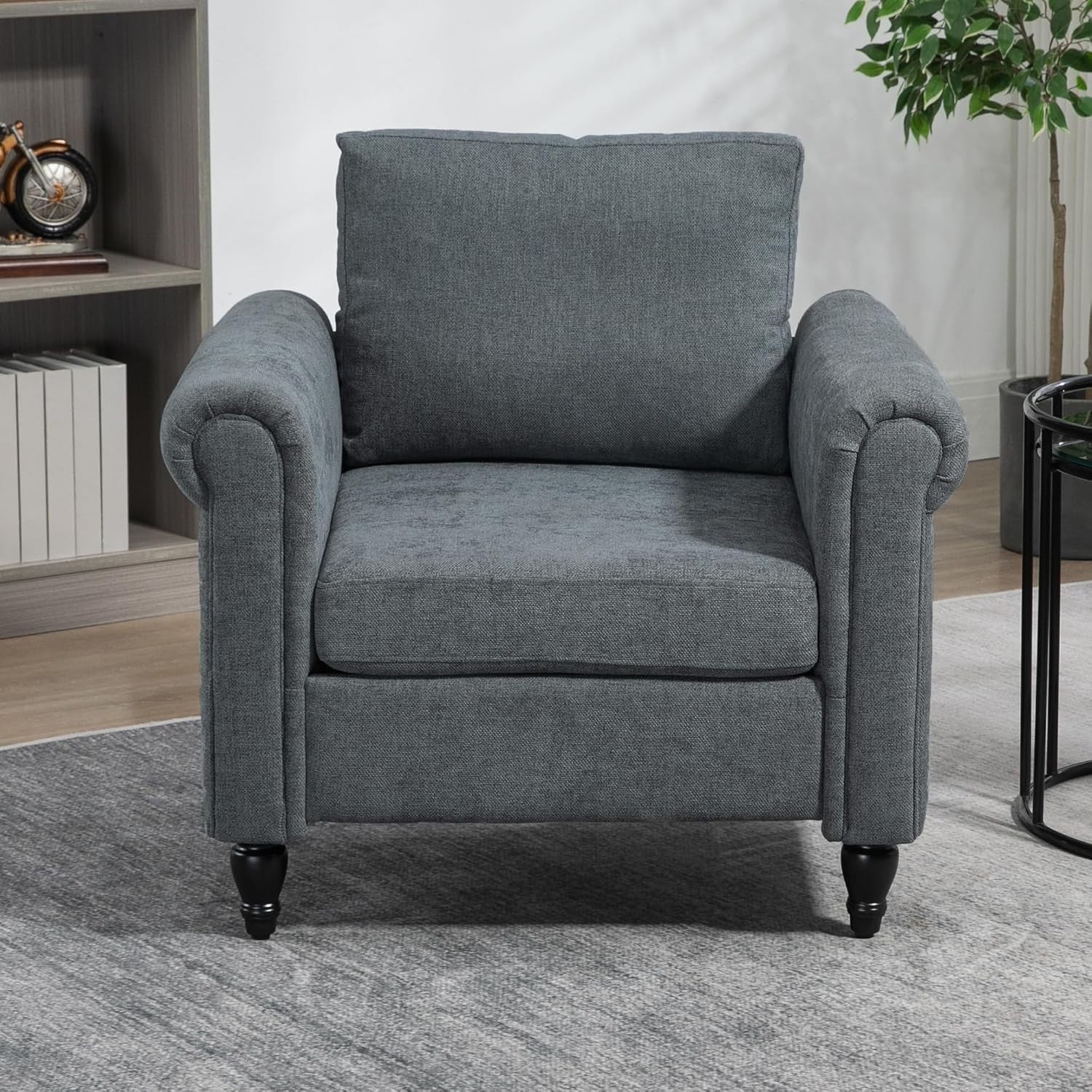 Dark Grey Upholstered Accent Armchair with Back Pillow & Rubber Wood Legs