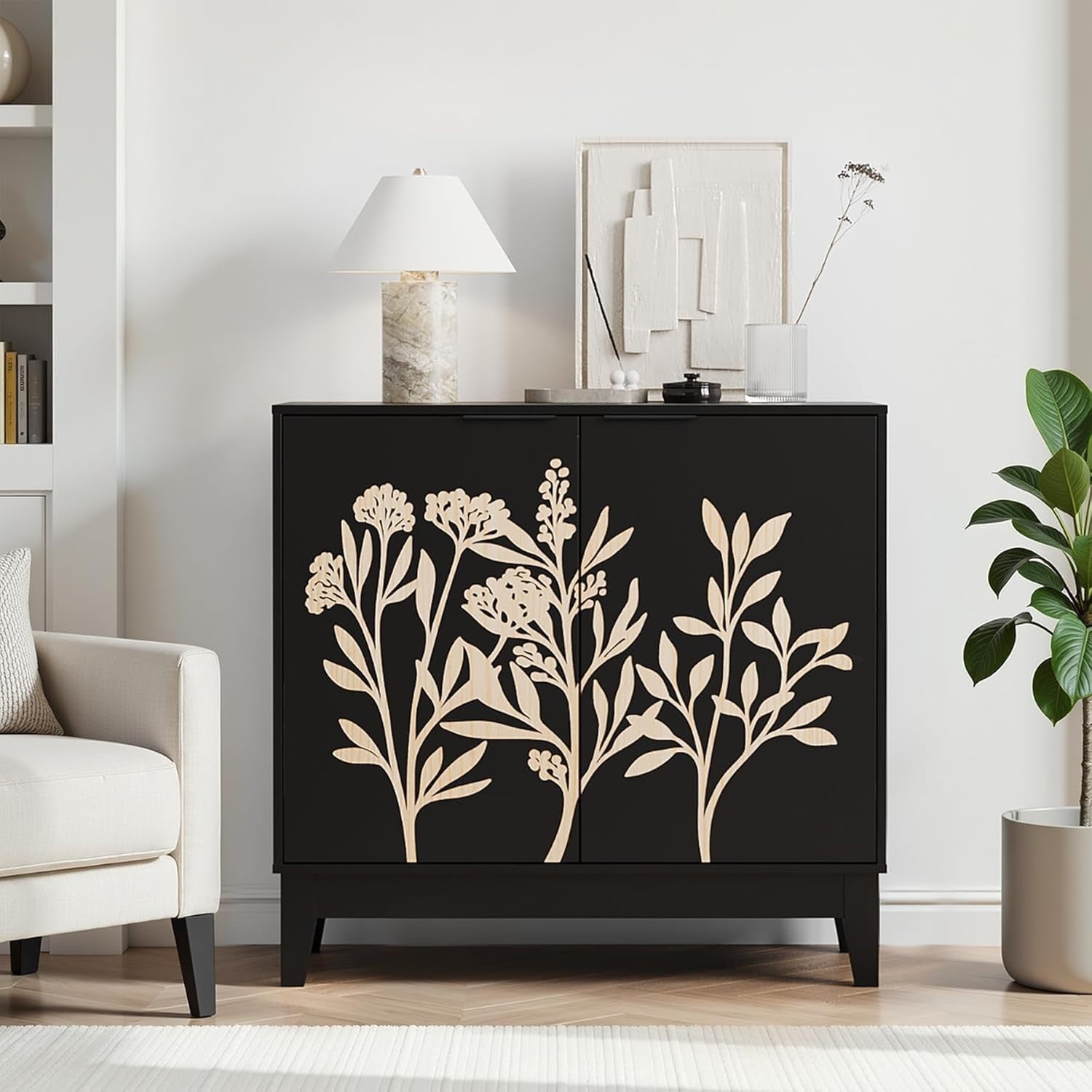 Black Sideboard Cabinet with Floral Carved Doors, Shelves, 80cm Wide