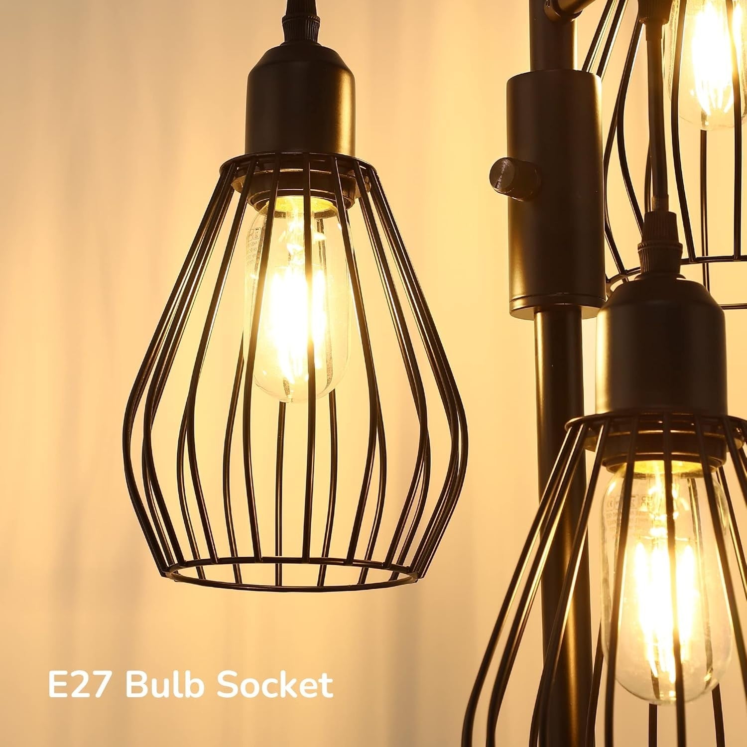 Industrial Floor Lamp with Wire Cage Shades, Dimmable, 3 LED Bulbs Included