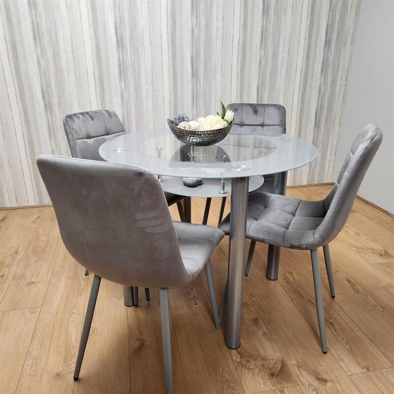 Round Glass Dining Table Set with 4 Grey Chairs Modern Kitchen Room