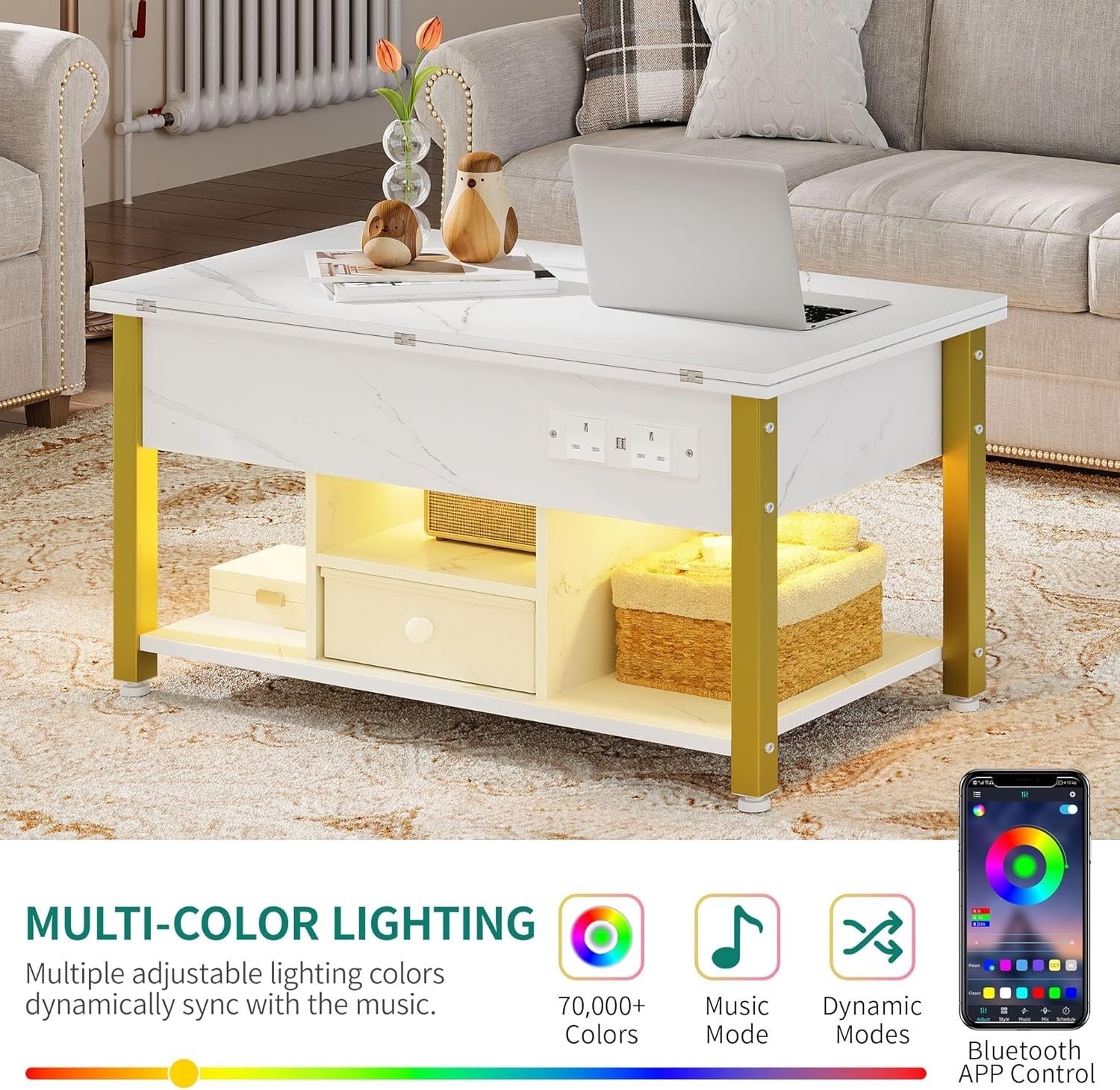 Folding Lift Top Coffee Table with Storage, USB & LED Lights, White Marble